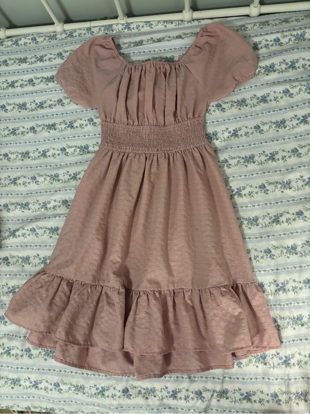 Girls Pink Smocked Waist Ruffle Dress